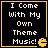 Four identical black square with yellow borders display white pixelated text reading "I Come With My Own Theme Music!" and a yellow Pac-Man icon in the bottom-right corner of each