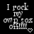 Black background displays white pixelated text "I rock my own box off!!!" with a small heart symbol beneath the text in a of repeated identical