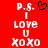 Red background with white pixelated text reading "P.S. I LOVE U XOXO" and a black heart symbol in the top-right corner.