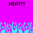 Bright pink background with black text 'HEAT!!!' at top left and top right, and a of cyan and blue pixelated shapes at the bottom