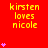 Red background with yellow text 'kirsten loves nicole' repeated across the image, pink heart symbols scattered in vertical and horizontal arrangements.