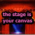 A four- of pixelated text overlays on a red and blue background with stage curtains