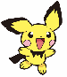 Pixelated yellow cartoon character with black-tipped ears and tail, pink cheeks, red mouth, and a bow tie, standing against white background.