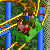 Pixelated image of two figures on a rollercoaster with blue supports and yellow tracks against green foliage background.