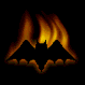 Four of a Batman silhouette engulfed in orange-yellow flames against black background, each frame showing distinct flame positions and shapes
