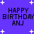 Pixelated text 'HAPPY BIRTHDAY ANJ' repeated four times on a purple background with white star shapes, no visible animation changes.