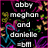 Pixelated static image with white text reading 'abby meghan and danielle =bm' over a black background with colorful abstract shapes.