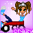 Pixel art of a girl with brown pigtails and a silver tiara riding a red wagon, holding a blue and white object, against a purple background with white stars.