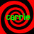 Four identical red and black spiral patterns with green text reading 'carrie' on each, arranged in a against a solid black background