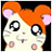 Pixelated cartoon hamster with orange fur, pink ears, and large black eyes on a dark background.