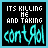 A contact sheet of 10 animated frames showing a pixelated text-based animation with cyan and white text on black backgrounds, each frame displaying variations in the word 'control' and color shifts in 'KILLING' and 'TAKING'.