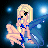 Pixelated animated buddy icon featuring a winged doll character on left and green text logo on right against dark background with blue light effects.