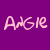 Pixelated text 'AGIE' in light pink on solid purple background, rendered with blocky low-resolution style.