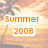 Pixelated beach scene with palm tree silhouette and orange text reading 'Summer 2008' on white rectangular backgrounds.
