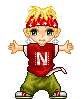 Pixel art character with blonde hair and red bandana in red shirt with white 'N' and green pants, shown in multiple poses against gray background.