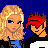 Pixel art buddy icon featuring two characters against a blue background with repeated text "happily taken.." in light blue.