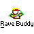 Two side-by-side pixel art frames of a cartoon character with yellow hair, red hat, and green cape holding colorful blocks against gray background with "Rave Buddy" text below.