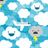 Pixelated blue cartoon character with multiple white cloud-shaped speech bubbles, one bubble containing a dark blue shape resembling a cup or bowl.