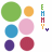 A static image of colorful circles and vertical text with a small purple symbol, arranged in two on white background