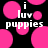 Black background with scattered pink circles and white text reading "i luv puppies" in pixelated font.