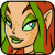Pixelated cartoon-style icon of a female character with green hair, pointed ears, and light skin against an orange background.