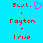 Blue background with red pixelated text 'Scott + Payton = Love' and a pink heart symbol next to Scott.