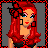 Animated contact sheet of a pixel art character with red hair and black-and-red outfit across multiple frames showing different poses, text elements, and body parts.