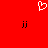 Red background with white heart outline at top center, two black 'jj' symbols below on left and right sides.