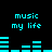 Cyan pixelated text "music my life" appears twice on a black background with cyan audio equalizer bars that shift between two states.