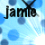 Pixelated icon with black text 'Jamie' over light blue background featuring scattered darker blue circles and a partial dark shape at top.