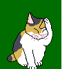 Pixelated calico cat with white, orange, and dark gray fur sits against green background, performing sequential hand movements over eyes and face.