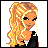 A 48x48 pixel animated contact sheet showing three frames of a buddy icon: a cartoon woman with blonde hair, and two text-based frames on purple backgrounds.
