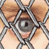 A four- with a chain-link fence over an eye, yellow text on black, a person with long hair on yellow, and handwritten text