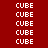 white 'CUBE' text on a red background with orange highlighted , showing animation changes across frames
