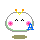 Two static frames of a pixel art buddy icon showing a round white character with pink cheeks, orange antennae, and blue text 'A' on its right side against gray background.