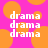 Pixelated white text 'drama' repeated three times vertically on a bright pink background with large orange circles.