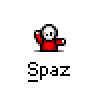 Animated contact sheet of a pixel art character in red clothing performing various actions with the word 'Spaz' below each frame on gray background.