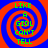Four identical spiral patterns with red and blue concentric circles, each containing green text reading 'LIKE A GIRL CAN'T TELL' in pixelated font.
