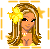 Pixel art of a female character with long brown hair, yellow flower accessory, and yellow top, wearing blue jeans with yellow patterns, standing against a white background with yellow stars and borders.