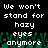 Pixelated text repeats across a black background with green foliage at the bottom, displaying 'We won't stand for hazy eyes anymore' in white block letters.