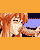 A 4-frame pixel art animation of a female character with long orange hair in various poses against an orange background, showing subtle facial and body movements across frames.