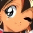 A 48x48 pixel buddy icon featuring a close-up of an anime-style character's face on the left and stylized text on a black background on the right, with visible dithering and pixelation typical of low-resolution digital art.