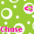 Green background with white circular outlines and scattered dots, featuring pink text 'Chase' at bottom left and a pink '<3' symbol in top right.