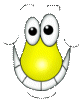 Cartoon face with yellow nose, white teeth, and black pupils in large eyes; one version has a red nose.