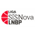 A pixelated logo featuring a red circular shape with horizontal stripes on the left, and gray text reading 'SIS Nova LHBP' to the right against a light gray background.