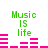 Green text 'Music is life' above pink audio equalizer bars on white background, with varying bar heights