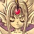 Pixelated close-up of a character with closed eyes, long brown hair, and a red gem on the forehead, set against a light brown background with purple accents.