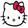 Static image of a white cat face with black outline, pink bow on right side, black eyes, yellow nose, and whiskers.