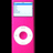 Pixelated pink iPod with white circular click wheel and blue-tinted screen, accompanied by pixelated text reading "Ipods," "ROCK!," and "Luv ipods."