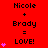 Red background displays 'Nicole + Brady = LOVE!' text with pink heart icons varying in quantity across three